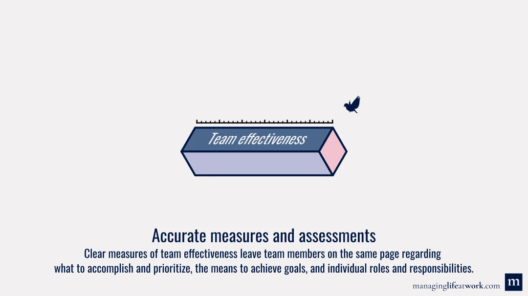 Accurate measures and assessments of team effectiveness: 
Clear measures of team effectiveness leave team members on the same page regarding 
what to accomplish and prioritize, the means to achieve goals, and individual roles and responsibilities. 