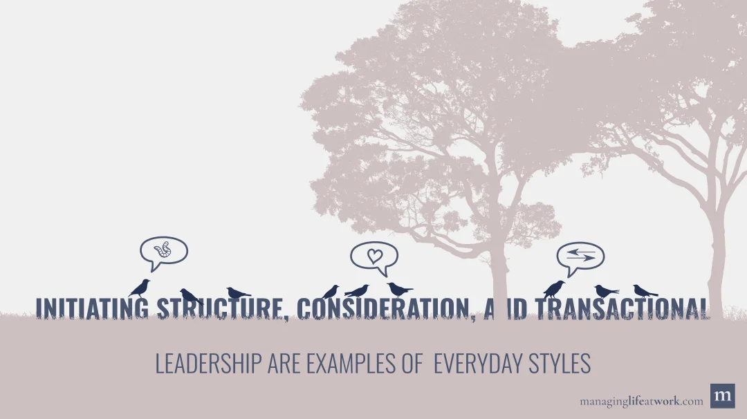 Initiating structure, consideration, and transactional leadership are everyday styles.